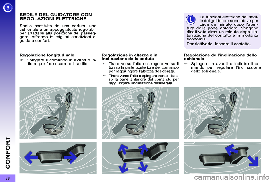 PEUGEOT 3008 2012  Manuale duso (in Italian) 66
CONFORT
   
 
 
 
 
 
 
 
 
 
 
SEDILE DEL GUIDATORE CON 
REGOLAZIONI ELETTRICHE 
  Sedile costituito da una seduta, uno 
schienale e un appoggiatesta regolabili 
per adattarsi alla posizione del p