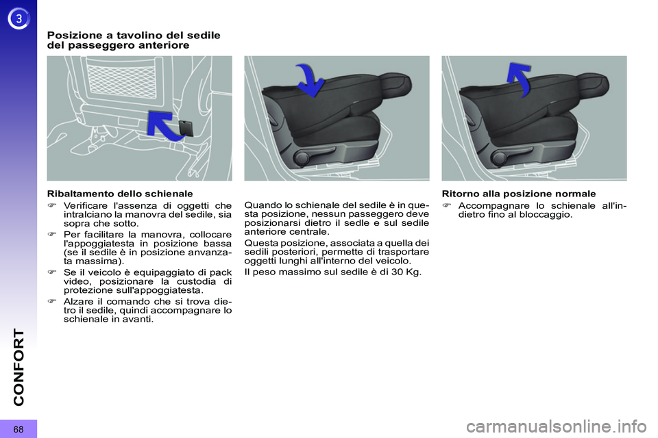 PEUGEOT 3008 2012  Manuale duso (in Italian) 68
CONFORT
   
Ribaltamento dello schienale 
   
 
�) 
 Veriﬁ care lassenza di oggetti che 
intralciano la manovra del sedile, sia 
sopra che sotto. 
   
�) 
  Per facilitare la manovra, collocare 