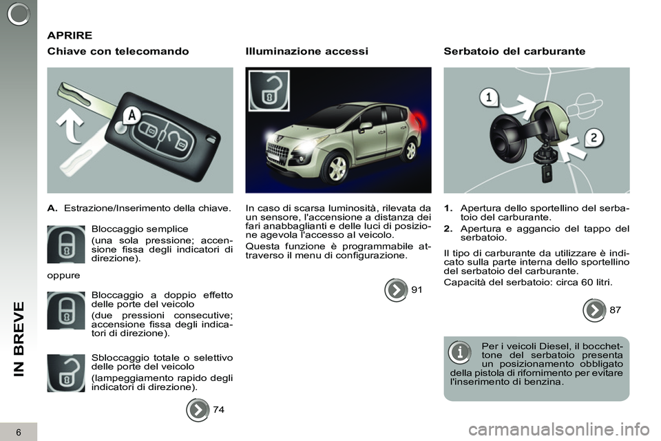 PEUGEOT 3008 2012  Manuale duso (in Italian) 6
IN BREVE
   
Chiave con telecomando 
 
 
 
A. 
  Estrazione/Inserimento della chiave.  
  Bloccaggio semplice  
(una sola pressione; accen-
sione ﬁ ssa degli indicatori di 
direzione). 
  Bloccagg