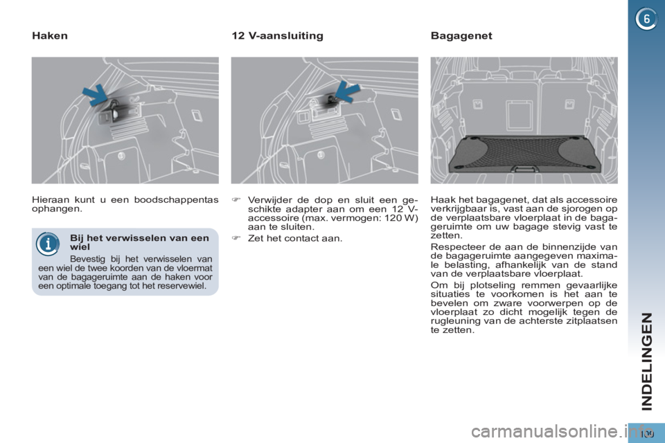 PEUGEOT 3008 2012  Instructieboekje (in Dutch) 109
INDELINGEN
   
Bij het verwisselen van een 
wiel 
  Bevestig bij het verwisselen van 
een wiel de twee koorden van de vloermat 
van de bagageruimte aan de haken voor 
een optimale toegang tot het 