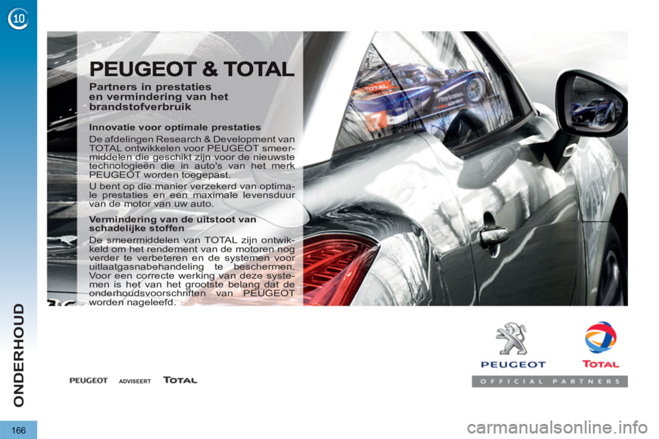 PEUGEOT 3008 2012  Instructieboekje (in Dutch) 166
ONDERHOUD
   
Partners in prestaties 
en vermindering van het 
brandstofverbruik 
   
Innovatie voor optimale prestaties 
  De afdelingen Research & Development van 
TOTAL ontwikkelen voor PEUGEOT