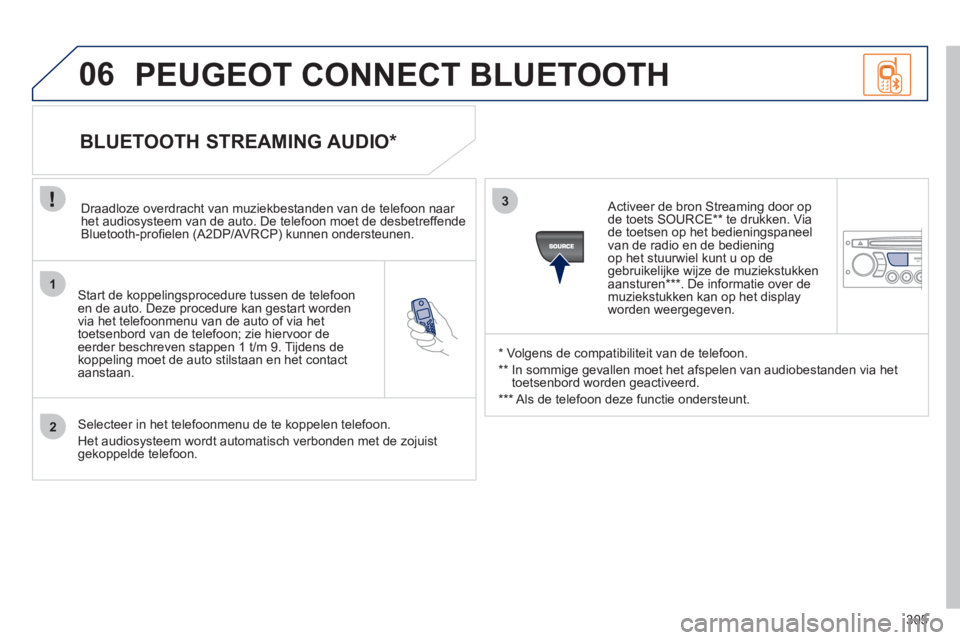 PEUGEOT 3008 2012 Instructieboekje (in Dutch) 305
1
2
3
06
Start de koppelingsprocedure tussen de telefoonen de auto. Deze procedure kan gestart worden
via het telefoonmenu van de auto of via het
toetsenbord van de telefoon; zie hiervoor deee PEUGEOT 3008 2012 Instructieboekje (in Dutch) 305
1
2
3
06
Start de koppelingsprocedure tussen de telefoonen de auto. Deze procedure kan gestart worden
via het telefoonmenu van de auto of via het
toetsenbord van de telefoon; zie hiervoor deee