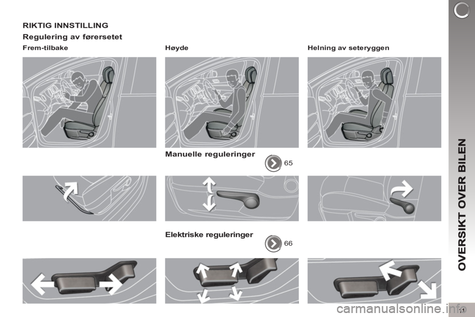 PEUGEOT 3008 2012 Instruksjoner for bruk (in Norwegian) 11
RIKTIG INNSTILLING
Re
gulering av førersetet
Frem-tilbake
Høyde
Manuelle reguleringer
65
Elektriske reguleringer
66
Helning av seteryggen
PEUGEOT 3008 2012 Instruksjoner for bruk (in Norwegian) 11
RIKTIG INNSTILLING
Re
gulering av førersetet
Frem-tilbake
Høyde
Manuelle reguleringer
65
Elektriske reguleringer
66
Helning av seteryggen