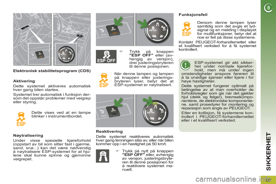 PEUGEOT 3008 2012  Instruksjoner for bruk (in Norwegian) 127
SI
K
   
 
 
 
 
 
 
 
 
 
 
 
 
 
 
 
Elektronisk stabilitetsprogram (CDS)    ESP-systemet gir økt sikker-
het under normale kjørefor-
hold, men må under ingen 
omstendigheter anspore føreren