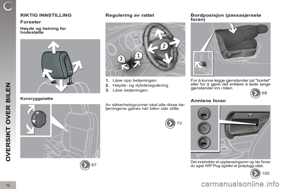 PEUGEOT 3008 2012 Instruksjoner for bruk (in Norwegian) 12
RIKTIG INNSTILLING
Forseter
Høyde og helning for
hodestøtte
Korsryggstøtte
67
Regulering av rattet
1.
Låse opp betjeningen.
2.
Høyde- og dybdereguler PEUGEOT 3008 2012 Instruksjoner for bruk (in Norwegian) 12
RIKTIG INNSTILLING
Forseter
Høyde og helning for
hodestøtte
Korsryggstøtte
67
Regulering av rattet
1.
Låse opp betjeningen.
2.
Høyde- og dybdereguler