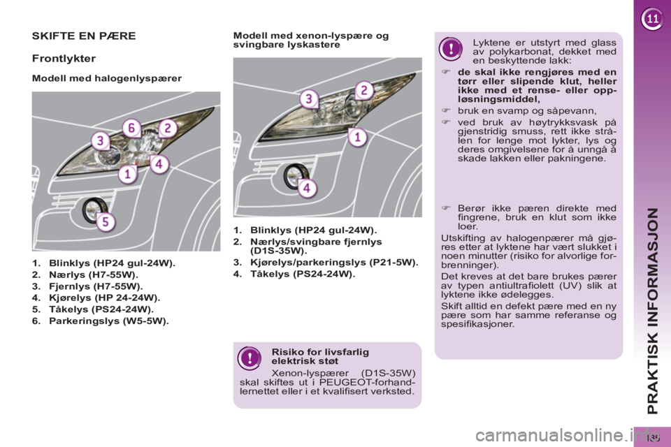 PEUGEOT 3008 2012  Instruksjoner for bruk (in Norwegian) 185
PRAKTISK INFORMASJON
   
Risiko for livsfarlig 
elektrisk støt 
  Xenon-lyspærer (D1S-35W) 
skal skiftes ut i PEUGEOT-forhand-
lernettet eller i et kvaliﬁ sert verksted.  
 
SKIFTE EN PÆRE 
 