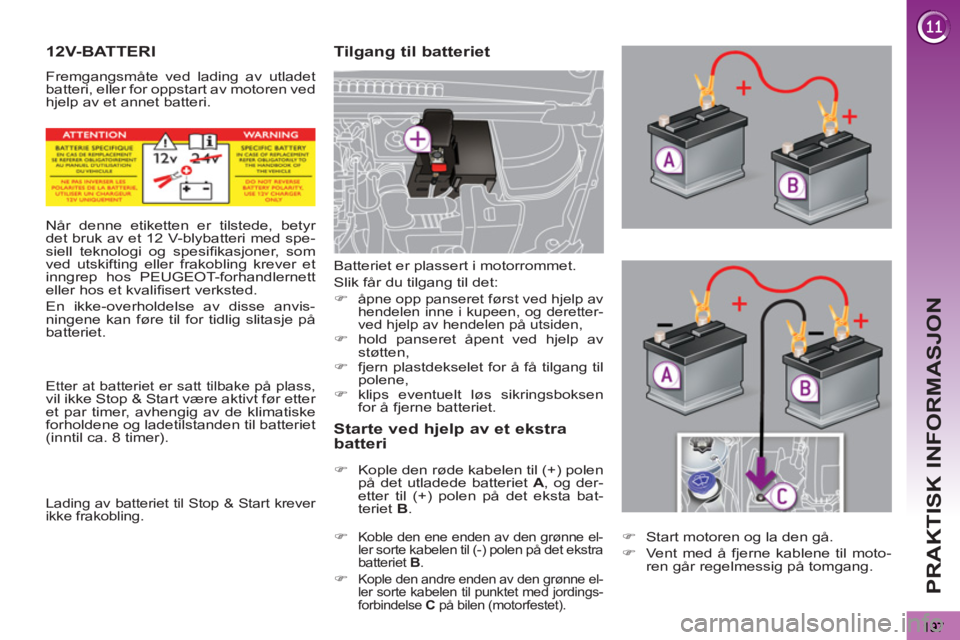 PEUGEOT 3008 2012  Instruksjoner for bruk (in Norwegian) PRAKTISK INFORMASJON
12V-BATTERI 
  Fremgangsmåte ved lading av utladet 
batteri, eller for oppstart av motoren ved 
hjelp av et annet batteri. 
   
Tilgang til batteriet 
   
Starte ved hjelp av et 