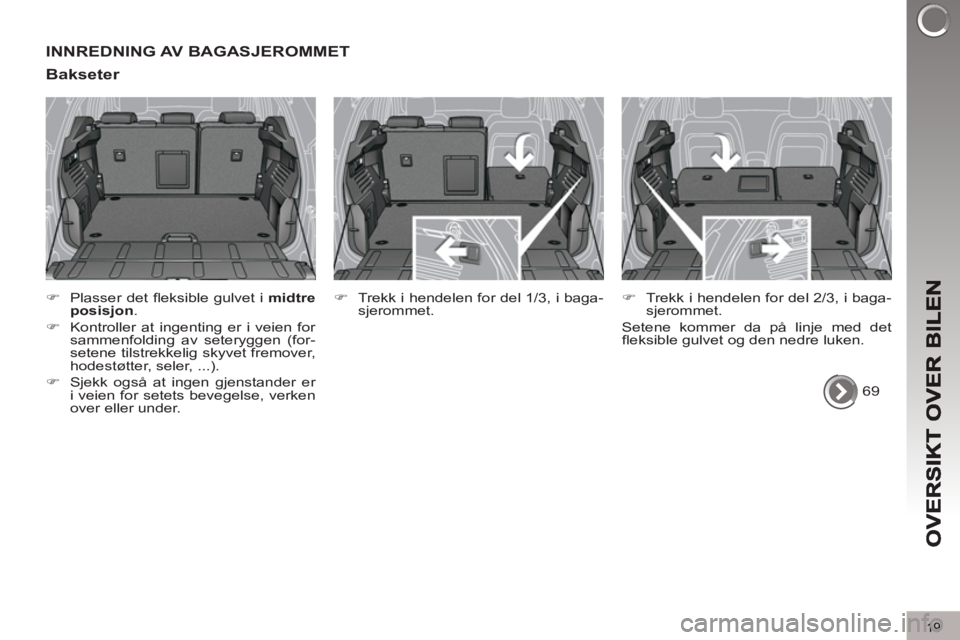 PEUGEOT 3008 2012  Instruksjoner for bruk (in Norwegian) 19
INNREDNING AV BAGASJEROMMET 
Bakseter 
   
 
�) 
 Plasser det ﬂ eksible gulvet i  midtre 
posisjon 
. 
   
�) 
  Kontroller at ingenting er i veien for 
sammenfolding av seteryggen (for-
setene t