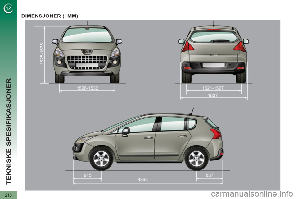 PEUGEOT 3008 2012 Instruksjoner for bruk (in Norwegian) 210
TEKNISKE SPESIFIKASJONER
DIMENSJONER (I MM) PEUGEOT 3008 2012 Instruksjoner for bruk (in Norwegian) 210
TEKNISKE SPESIFIKASJONER
DIMENSJONER (I MM)
