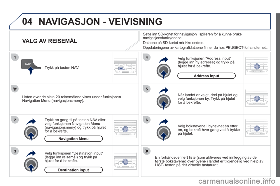 PEUGEOT 3008 2012 Instruksjoner for bruk (in Norwegian) 267
04
1
2
3
5
6
4
NAVIGASJON - VEIVISNING
VALG AV REISEMÅL
Trykk en gang til på tasten NAV eller
velg funksjonen Navigation Menu(navigasjonsmeny) og trykk på hj PEUGEOT 3008 2012 Instruksjoner for bruk (in Norwegian) 267
04
1
2
3
5
6
4
NAVIGASJON - VEIVISNING
VALG AV REISEMÅL
Trykk en gang til på tasten NAV eller
velg funksjonen Navigation Menu(navigasjonsmeny) og trykk på hj