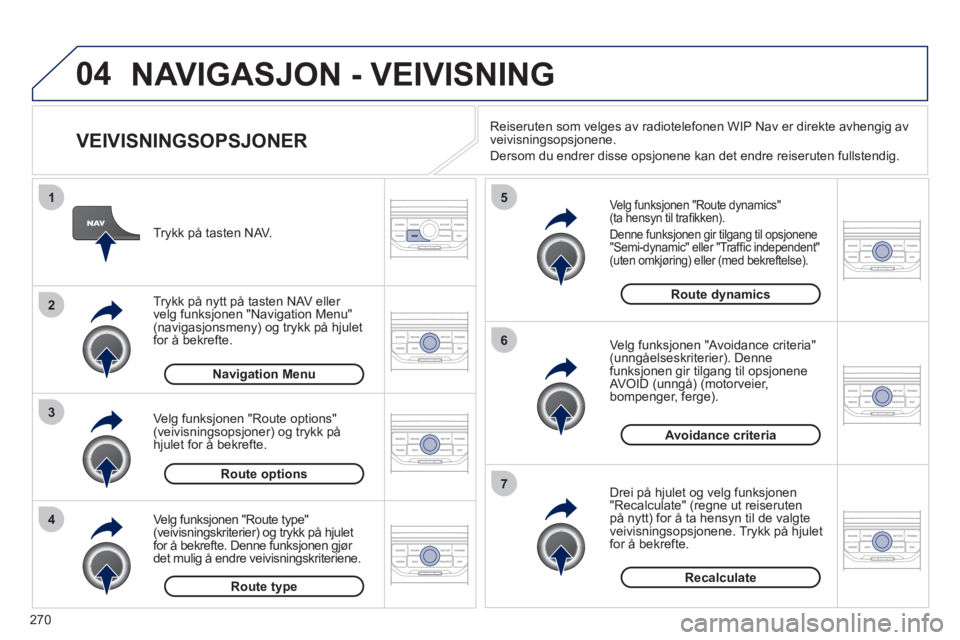 PEUGEOT 3008 2012 Instruksjoner for bruk (in Norwegian) 270
04
4
3
2
1
7
6
5
NAVIGASJON - VEIVISNING
VEIVISNINGSOPSJONER
Velg funksjonen "Route dynamics"(ta hensyn til trafi kken).
Denne
funksjonen gir tilgang til opsjonene "Semi-dynamic" eller " PEUGEOT 3008 2012 Instruksjoner for bruk (in Norwegian) 270
04
4
3
2
1
7
6
5
NAVIGASJON - VEIVISNING
VEIVISNINGSOPSJONER
Velg funksjonen "Route dynamics"(ta hensyn til trafi kken).
Denne
funksjonen gir tilgang til opsjonene "Semi-dynamic" eller "
