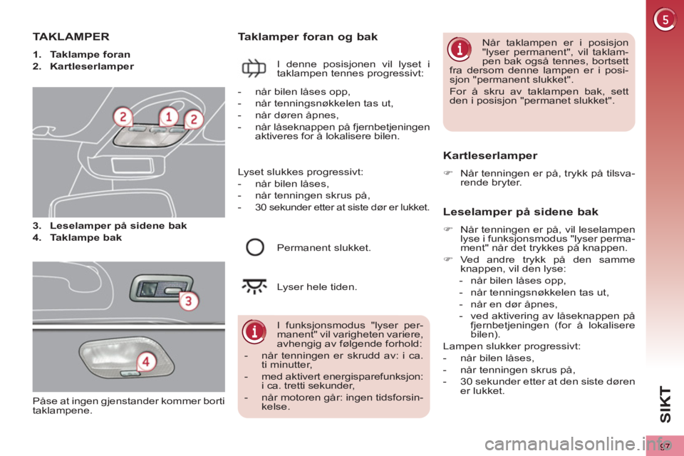 PEUGEOT 3008 2012  Instruksjoner for bruk (in Norwegian) 97
SI
K
TA KLAMPER
   
 
1. 
  Taklampe foran 
 
   
2. 
  Kartleserlamper 
 
   
3. 
  Leselamper på sidene bak 
 
   
4. 
  Taklampe bak 
 
 
 
 
Taklamper foran og bak 
 
I denne posisjonen vil ly