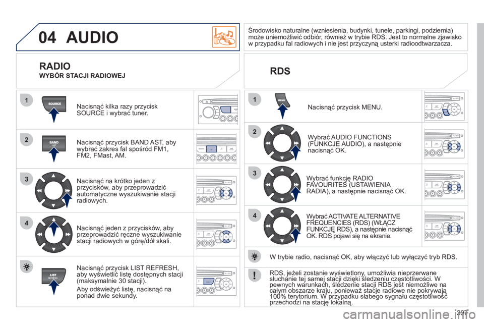 PEUGEOT 3008 2012  Instrukcja obsługi (in Polish) 297
04
1
2
3
4
1
2
3
4
AST
REFRESH
MENU
  AUDIO 
 
Nacisnąć kilka razy przyciskSOURCE i wybrać tuner.  
   
Nacisnąć przycisk BAND A
ST, aby 
wybrać zakres fal spośród FM1,
FM2, FMast, AM.
   