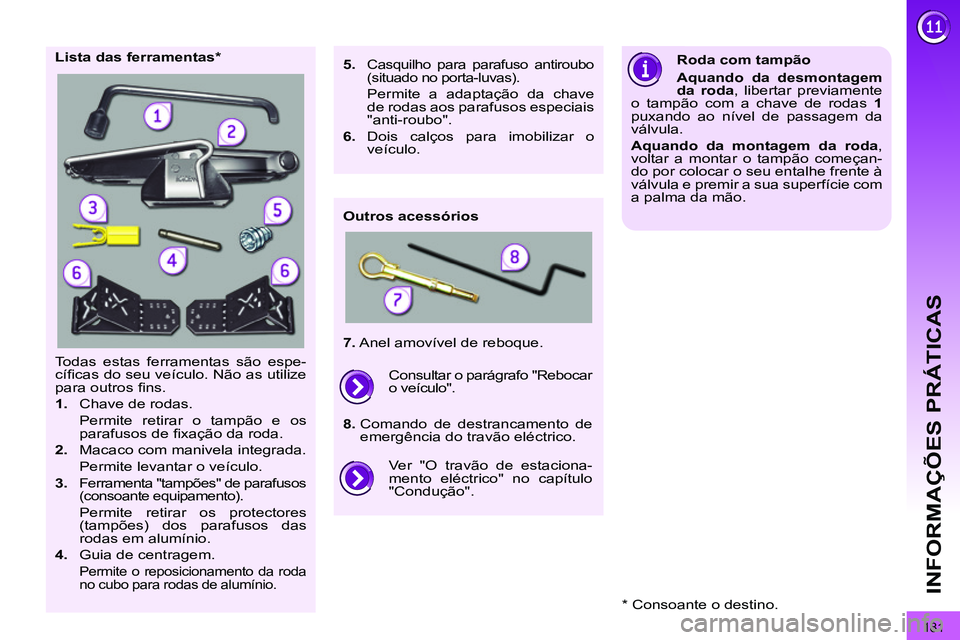 PEUGEOT 3008 2012  Manual de utilização (in Portuguese)   
181
INFORMAÇÕES PRÁTICAS
  Todas estas ferramentas são espe-
cíﬁ cas do seu veículo. Não as utilize 
para outros ﬁ ns. 
   
 
1. 
  Chave de rodas.  
  Permite retirar o tampão e os
par