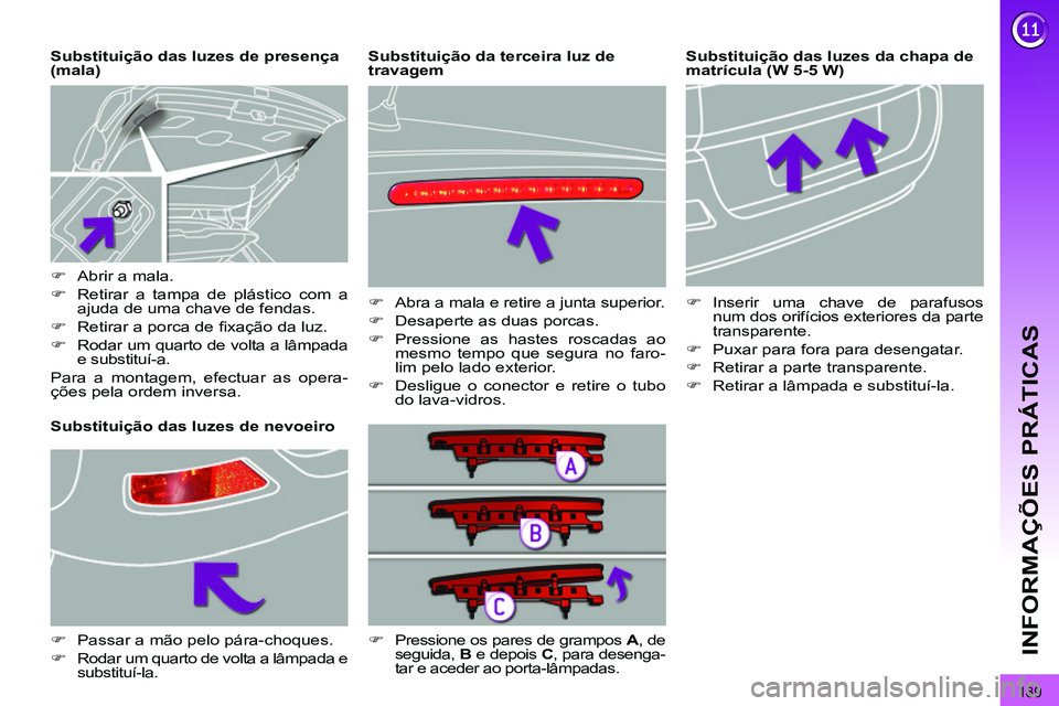 PEUGEOT 3008 2012  Manual de utilização (in Portuguese) 189
INFORMAÇÕES PRÁTICAS
   
Substituição das luzes da chapa de 
matrícula (W 5-5 W)     
Substituição das luzes de presença 
(mala) 
   
 
 
 
 
 
 
 
 
 
 
 
 
 
 
 
 
Substituição das lu
