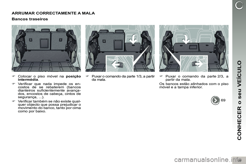 PEUGEOT 3008 2012  Manual de utilização (in Portuguese) 19
CONHECER o seu VEÍCULO
  ARRUMAR CORRECTAMENTE A MALA 
   
Bancos traseiros 
 
 
 
�) 
  Colocar o piso móvel na  posição 
intermédia 
. 
   
�) 
 Veriﬁ car que nada impede os en-
costos de 