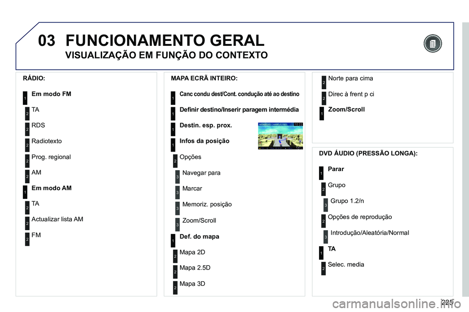 PEUGEOT 3008 2012 Manual de utilização (in Portuguese) 225
03 FUNCIONAMENTO GERAL
VISUALIZAÇÃO EM FUNÇÃO DO CONTEXTO
RÁDIO:
Em modo FM 1
2
2
TA
RDS
2
Radiotexto
2
Prog. regional
MAPA ECRÃ INTEIRO:
Canc PEUGEOT 3008 2012 Manual de utilização (in Portuguese) 225
03 FUNCIONAMENTO GERAL
VISUALIZAÇÃO EM FUNÇÃO DO CONTEXTO
RÁDIO:
Em modo FM 1
2
2
TA
RDS
2
Radiotexto
2
Prog. regional
MAPA ECRÃ INTEIRO:
Canc