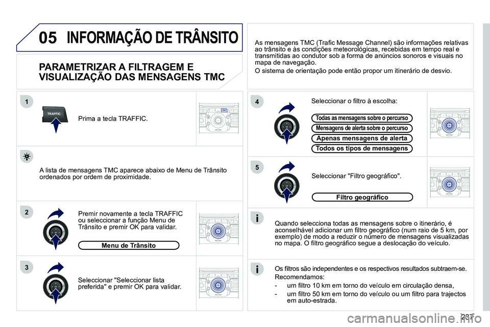 PEUGEOT 3008 2012  Manual de utilização (in Portuguese) 237
05
TRAFFIC
1
3
4
5
2
2ABC3DEF5JKL4GHI6MNO8TUV7PQRS9WXYZ0*#
1RADIO MEDIANAV ESC TRAFFIC
SETUPADDR
BOOK
2ABC3DEF5JKL4GHI6MNO8TUV7PQRS9WXYZ0*#
1RADIO MEDIANAV ESC TRAFFIC
SETUPADDR
BOOK
2ABC3DEF5JKL4