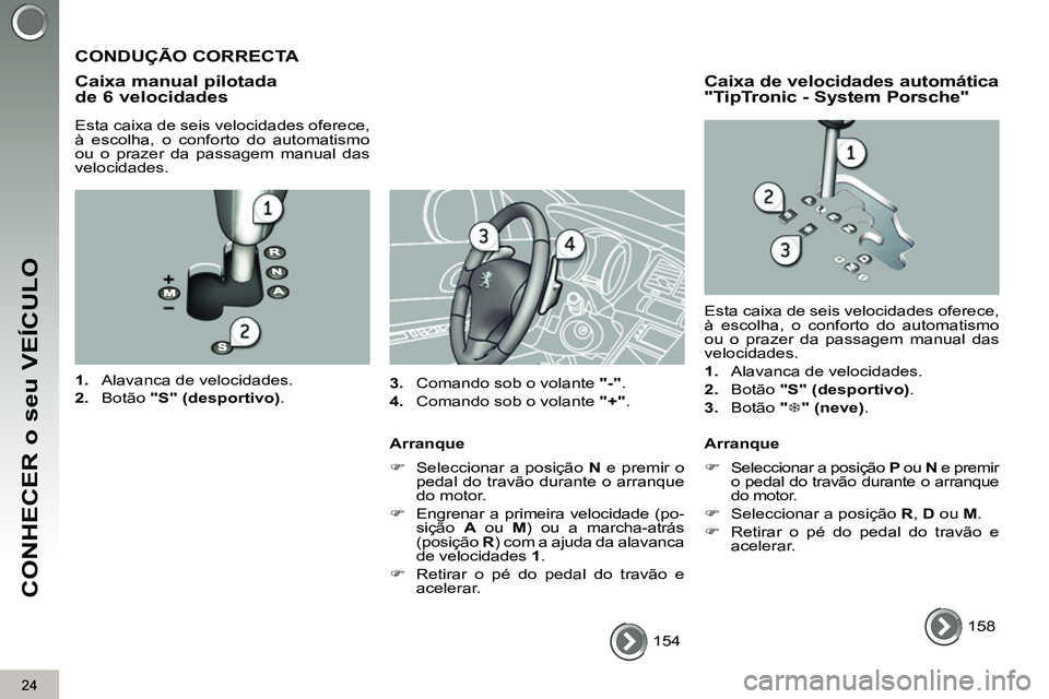 PEUGEOT 3008 2012  Manual de utilização (in Portuguese) 24
CONHECER o seu VEÍCULO
  154  
 
 
CONDUÇÃO CORRECTA 
   
Caixa manual pilotada 
de 6 velocidades 
   
Esta caixa de seis velocidades oferece, 
à escolha, o conforto do automatismo 
ou o prazer