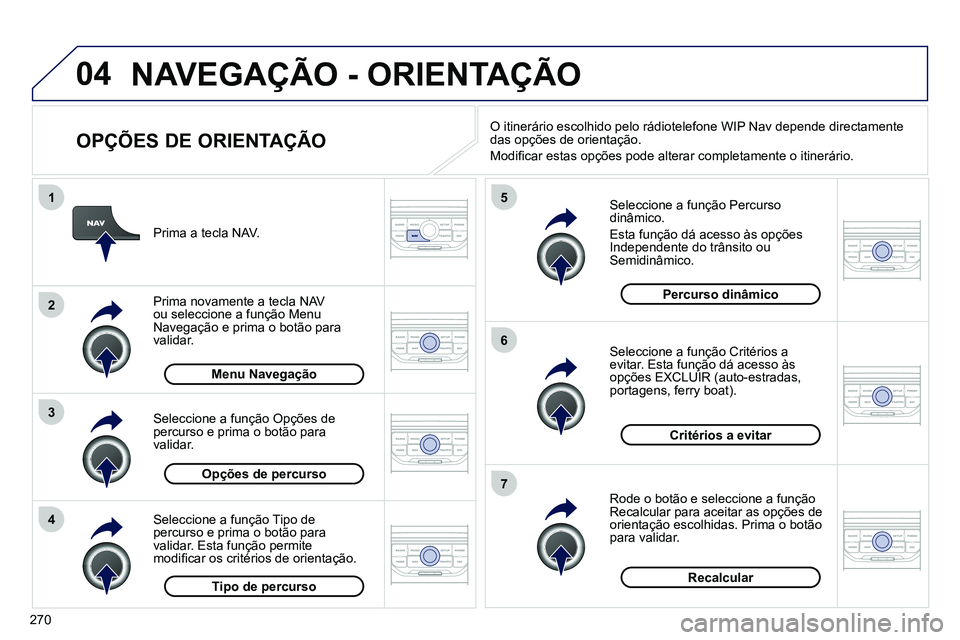 PEUGEOT 3008 2012 Manual de utilização (in Portuguese) 270
04
4
3
2
1
7
6
5
NAVEGAÇÃO - ORIENTAÇÃO
OPÇÕES DE ORIENTAÇÃO
Seleccione a função Percurso
dinâmico .
Esta função dá acesso às opções
Independente do trânsito PEUGEOT 3008 2012 Manual de utilização (in Portuguese) 270
04
4
3
2
1
7
6
5
NAVEGAÇÃO - ORIENTAÇÃO
OPÇÕES DE ORIENTAÇÃO
Seleccione a função Percurso
dinâmico .
Esta função dá acesso às opções
Independente do trânsito