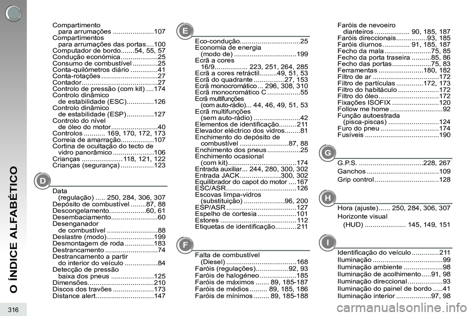 PEUGEOT 3008 2012 Manual de utilização (in Portuguese) 316
O ÍNDICE ALFABÉTICO
DE
Data
(regulação) ..... 250, 284, 306, 307
Depósito de combustível ........87, 88
Descongelamento...................60, 61
Desembaciamento........................60
De PEUGEOT 3008 2012 Manual de utilização (in Portuguese) 316
O ÍNDICE ALFABÉTICO
DE
Data
(regulação) ..... 250, 284, 306, 307
Depósito de combustível ........87, 88
Descongelamento...................60, 61
Desembaciamento........................60
De