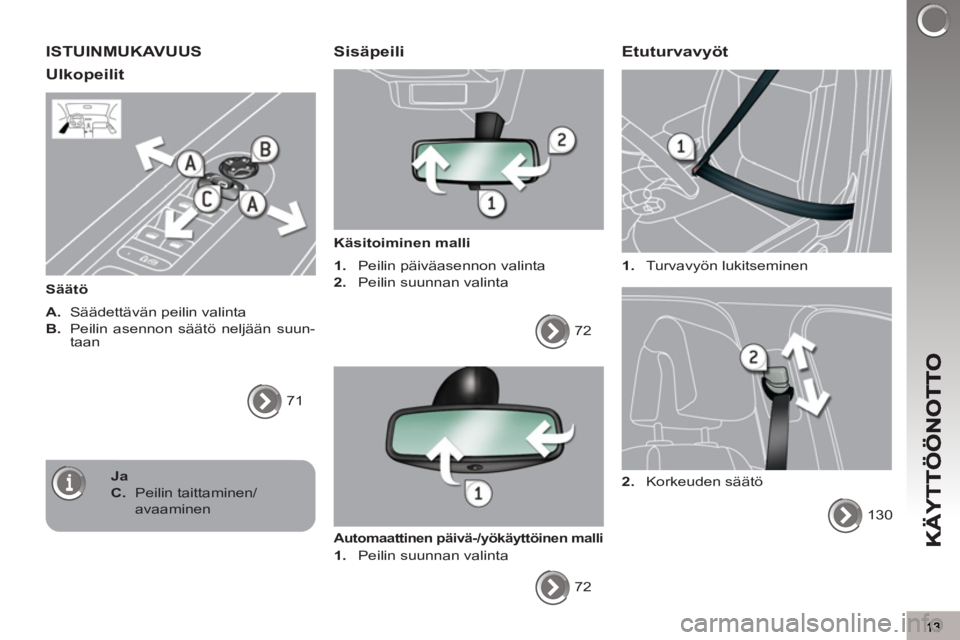 PEUGEOT 3008 2012 Omistajan Käsikirja (in Finnish) ISTUINMUKAVUUS
Ulko
peilit
Säätö
A.
Säädettävän peilin valinta
B.
Peilin asennon säätö neljään suun-
taan
71
Sisäpeili
Käsitoiminen malli
1.
PEUGEOT 3008 2012 Omistajan Käsikirja (in Finnish) ISTUINMUKAVUUS
Ulko
peilit
Säätö
A.
Säädettävän peilin valinta
B.
Peilin asennon säätö neljään suun-
taan
71
Sisäpeili
Käsitoiminen malli
1.