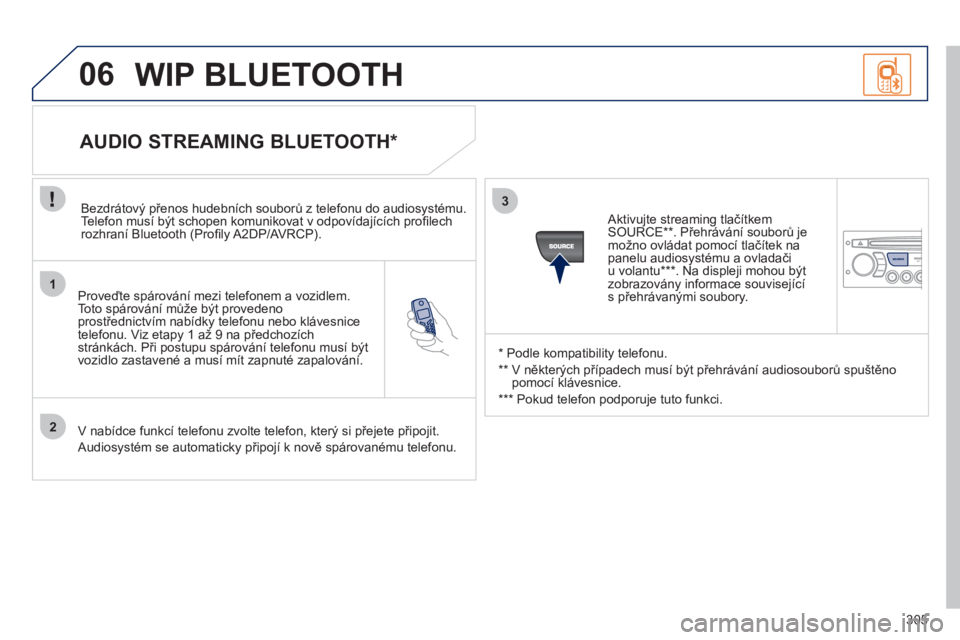 PEUGEOT 3008 2012  Návod na použití (in Czech) 305
1
2
3
06
SOURCE
   
Proveďte spárování mezi telefonem a vozidlem. 
Toto spárování může být provedenoprostřednictvím nabídky telefonu nebo klávesnice
telefonu. Viz etapy 1 až 9 na p�