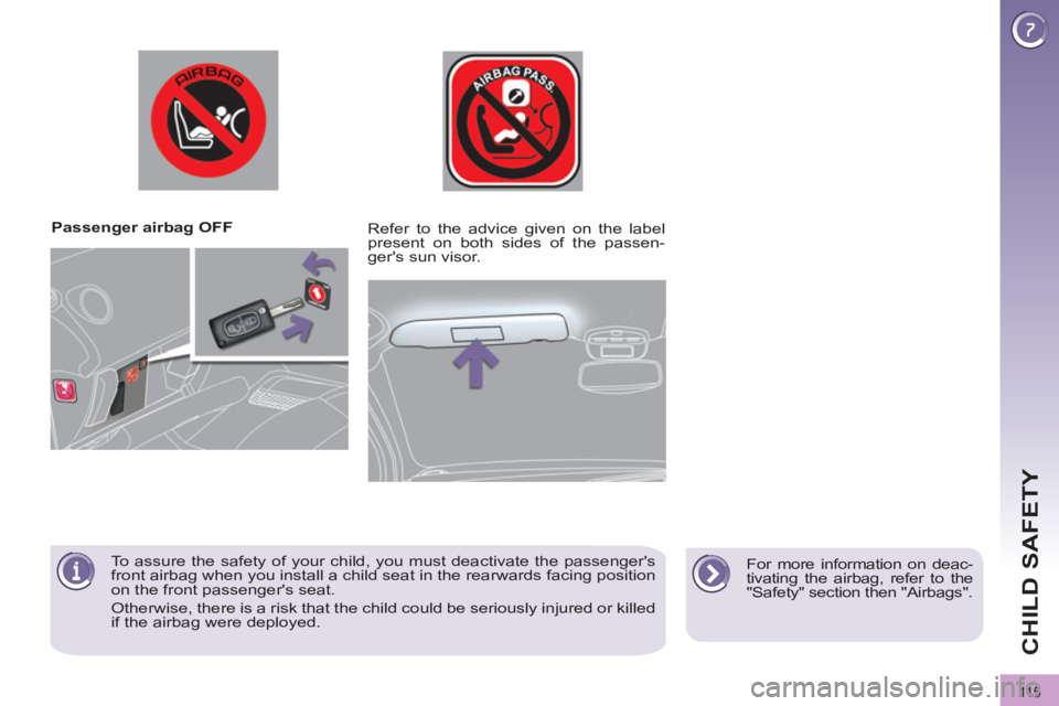 PEUGEOT 3008 2011.5  Owners Manual 11 5
CHILD SAFETY
   
 
Passenger airbag OFF  
   
For more information on deac-
tivating the airbag, refer to the 
"Safety" section then "Airbags".      
Refer to the advice given on the label 
prese