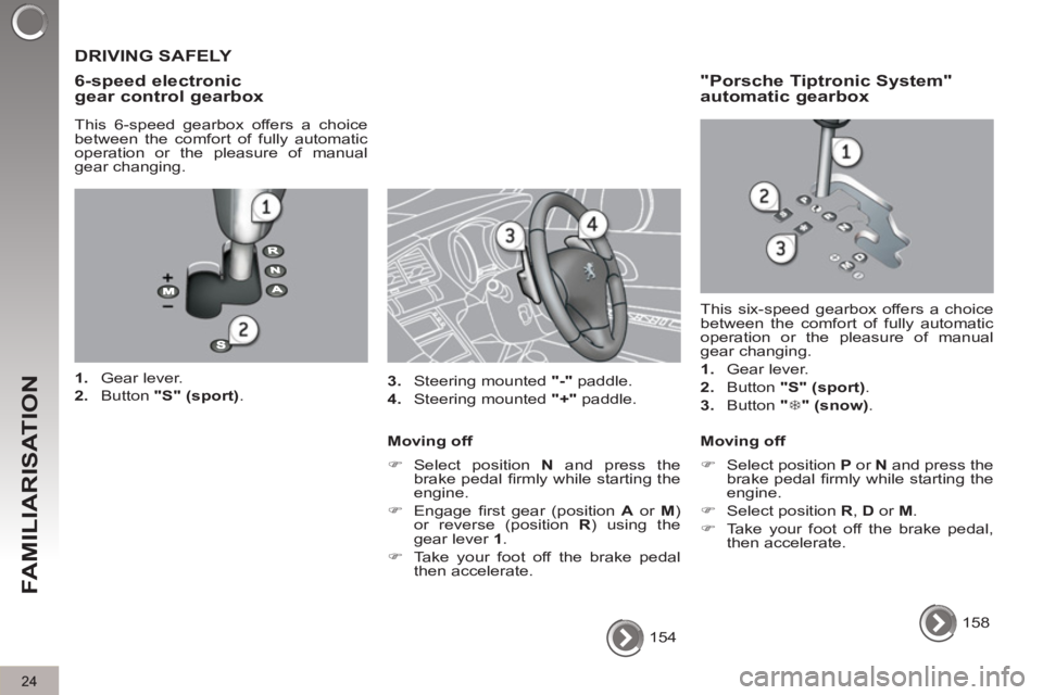 PEUGEOT 3008 2011.5  Owners Manual 24
FAMILIARISATION
  154  
 
 
DRIVING SAFELY 
   
6-speed electronic 
gear control gearbox 
   
This 6-speed gearbox offers a choice 
between the comfort of fully automatic 
operation or the pleasure