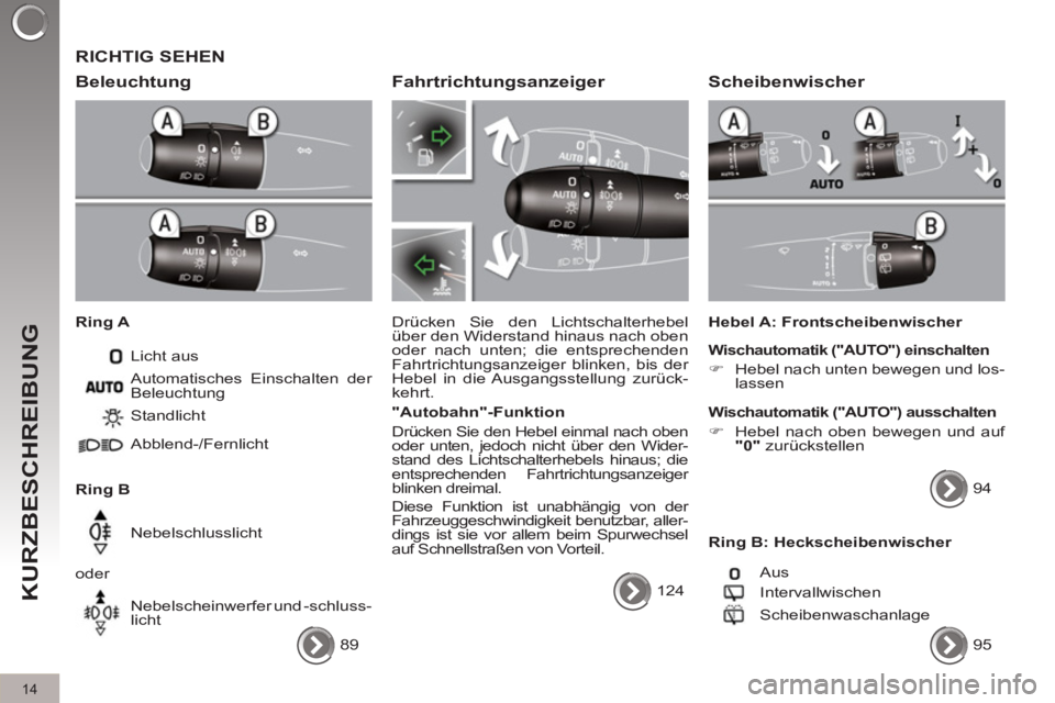 PEUGEOT 3008 2011.5 Betriebsanleitungen (in German) 14
KURZBESCHREIBUNG
RICHTIG SEHEN
Beleuchtung
Ring A
Licht aus
Ring B Standlicht
Abblend-/Fernlicht
Nebelschlusslicht
oder
Nebelscheinwerfer und -schluss-
licht A PEUGEOT 3008 2011.5 Betriebsanleitungen (in German) 14
KURZBESCHREIBUNG
RICHTIG SEHEN
Beleuchtung
Ring A
Licht aus
Ring B Standlicht
Abblend-/Fernlicht
Nebelschlusslicht
oder
Nebelscheinwerfer und -schluss-
licht A