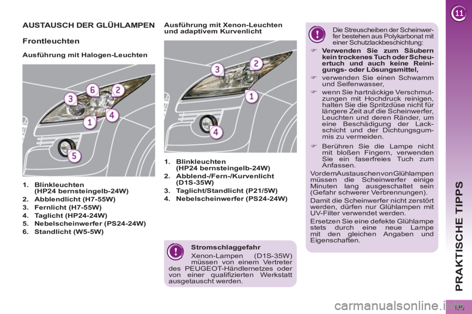 PEUGEOT 3008 2011.5  Betriebsanleitungen (in German) 185
PRAKTISCHE TIPPS
   
Stromschlaggefahr 
  Xenon-Lampen (D1S-35W) 
müssen von einem Vertreter 
des PEUGEOT-Händlernetzes oder 
von einer qualiﬁ zierten  Werkstatt 
ausgetauscht werden.  
 
 
 
