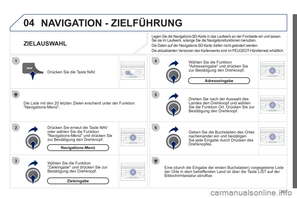 PEUGEOT 3008 2011.5  Betriebsanleitungen (in German) 267
04
1
2
3
5
6
4
  NAVIGATION - ZIELFÜHRUNG 
 
 
 
 
 
 
 
 
 
 
 
 
 
 
 
 
ZIELAUSWAHL 
 
 
Drücken Sie erneut die Taste NAV 
oder wählen Sie die Funktion 
"Navigations-Menü" und drücken Sie 