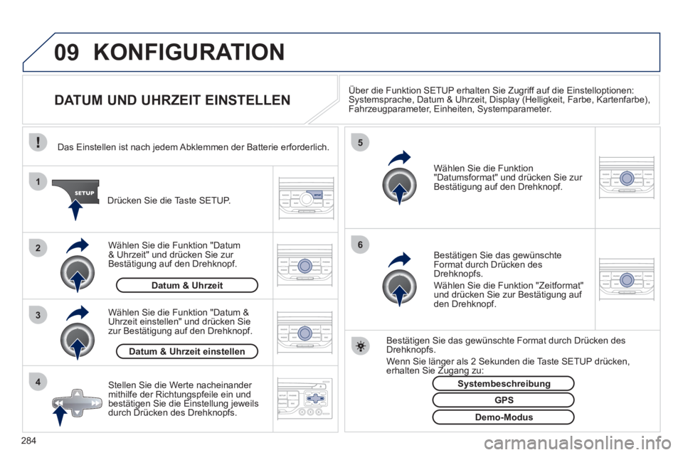 PEUGEOT 3008 2011.5 Betriebsanleitungen (in German) 284
09
4 3 2 1
65
KONFIGURATION
DATUM UND UHRZEIT EINSTELLEN
Über die Funktion SETUP erhalten Sie Zugriff auf die Einstelloptionen:
Systemsprache, Datum & Uhrz PEUGEOT 3008 2011.5 Betriebsanleitungen (in German) 284
09
4 3 2 1
65
KONFIGURATION
DATUM UND UHRZEIT EINSTELLEN
Über die Funktion SETUP erhalten Sie Zugriff auf die Einstelloptionen:
Systemsprache, Datum & Uhrz