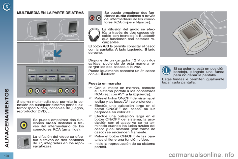 PEUGEOT 3008 2011.5  Manual del propietario (in Spanish) 104
ALMACENAMIENTOS
   
 
 
 
 
MULTIMEDIA EN LA PARTE DE ATRÁS 
 
 
Sistema multimedia que permite la co-
nexión de cualquier sistema portátil ex-
terno: Ipod Vídeo, consolas de juegos, 
reproduc