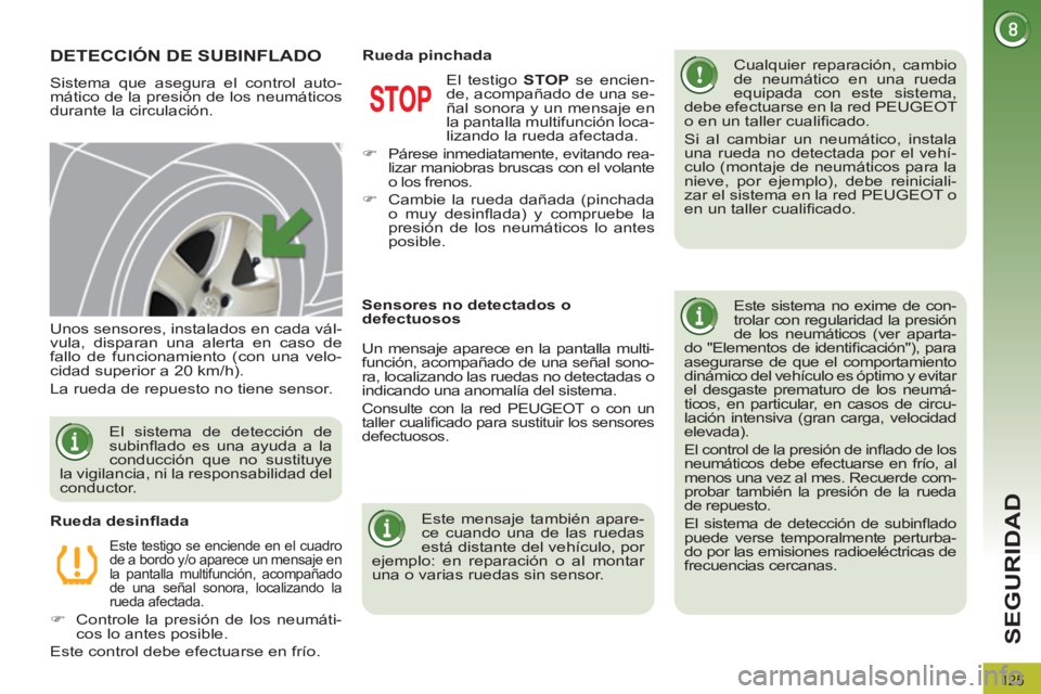 PEUGEOT 3008 2011.5 Manual del propietario (in Spanish) 125
SEGURIDAD
DETECCIÓN DE SUBINFLADO
Sistema que asegura el control auto-
mático de la presión de los neumáticos
durante la circulación.
Cualquier reparación, cambio
PEUGEOT 3008 2011.5 Manual del propietario (in Spanish) 125
SEGURIDAD
DETECCIÓN DE SUBINFLADO
Sistema que asegura el control auto-
mático de la presión de los neumáticos
durante la circulación.
Cualquier reparación, cambio