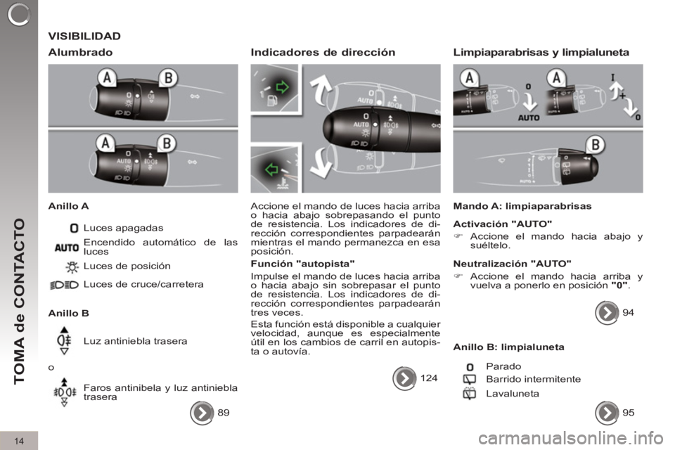 PEUGEOT 3008 2011.5 Manual del propietario (in Spanish) 14
TOMA de CONTACTO
VISIBILIDAD
Alumbrado
Anillo A
Luces apagadas
Anillo B Luces de posición
Luces de cruce/carretera
Luz antiniebla trasera
o
Faros antinibela y lu PEUGEOT 3008 2011.5 Manual del propietario (in Spanish) 14
TOMA de CONTACTO
VISIBILIDAD
Alumbrado
Anillo A
Luces apagadas
Anillo B Luces de posición
Luces de cruce/carretera
Luz antiniebla trasera
o
Faros antinibela y lu