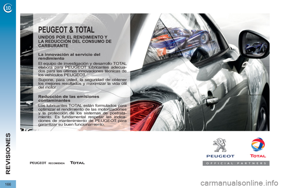 PEUGEOT 3008 2011.5  Manual del propietario (in Spanish) 166
REVISIONES
  PEUGEOT & TOTAL 
 
 
UNIDOS POR EL RENDIMIENTO Y 
LA REDUCCIÓN DEL CONSUMO DE 
CARBURANTE 
   
La innovación al servicio del 
rendimiento 
  El equipo de investigación y desarrollo
