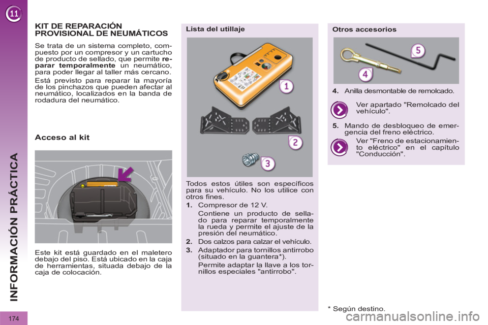 PEUGEOT 3008 2011.5 Manual del propietario (in Spanish) 174
INFORMACIÓN PRÁCTICA
KIT DE REPARACIÓN
PROVISIONAL DE NEUMÁTICOS
Este kit está guardado en el maletero
debajo del piso. Está ubicado en la caja
de h PEUGEOT 3008 2011.5 Manual del propietario (in Spanish) 174
INFORMACIÓN PRÁCTICA
KIT DE REPARACIÓN
PROVISIONAL DE NEUMÁTICOS
Este kit está guardado en el maletero
debajo del piso. Está ubicado en la caja
de h