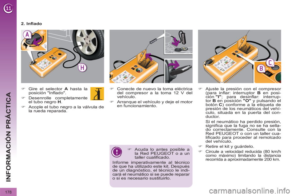 PEUGEOT 3008 2011.5  Manual del propietario (in Spanish) 178
INFORMACIÓN PRÁCTICA
   
�) 
  Acuda lo antes posible a 
la Red PEUGEOT o a un 
taller cualiﬁ cado.  
Informe imperativamente al técnico 
de que ha utilizado este kit. Después 
de un diagnó