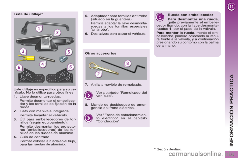 PEUGEOT 3008 2011.5  Manual del propietario (in Spanish)   
181
INFORMACIÓN PRÁCTICA
  Este utillaje es especíﬁ co para su ve-
hículo. No lo utilice para otros ﬁ nes. 
   
 
1. 
 Llave desmonta-ruedas.  
  Permite desmontar el embellece-
dor y los t