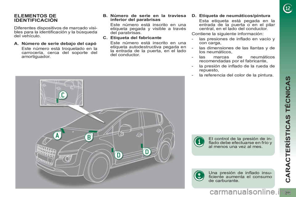 PEUGEOT 3008 2011.5  Manual del propietario (in Spanish) 211
CARACTERÍSTICAS TÉCNICAS
   
 
 
 
 
 
 
 
 
 
 
 
 
 
 
 
 
 
 
 
 
 
 
ELEMENTOS DE 
IDENTIFICACIÓN 
  Diferentes dispositivos de marcado visi-
bles para la identiﬁ cación y la búsqueda 
