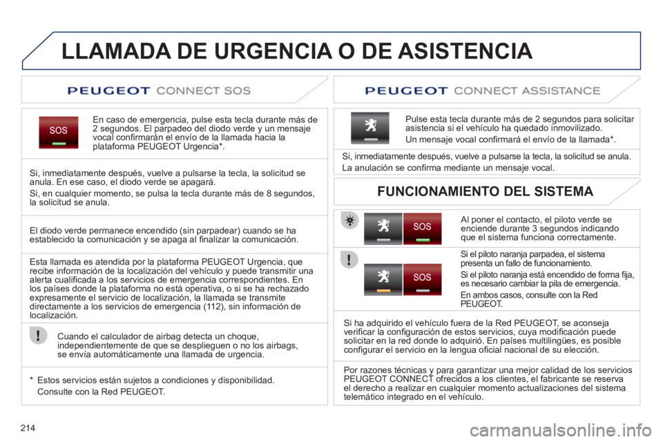 PEUGEOT 3008 2011.5  Manual del propietario (in Spanish) 214
   
 
 
 
 
 
 
 
 
 
 
 
 
 
LLAMADA DE URGENCIA O DE ASISTENCIA  
 
 
En caso de emergencia, pulse esta tecla durante más de 
2 segundos. El parpadeo del diodo verde y un mensaje 
vocal conﬁ 