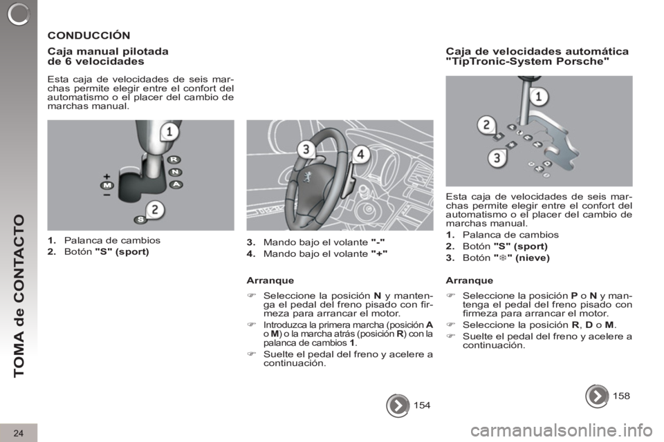 PEUGEOT 3008 2011.5  Manual del propietario (in Spanish) 24
TOMA de CONTACTO
  154  
 
 
CONDUCCIÓN 
   
Caja manual pilotada 
de 6 velocidades 
   
Esta caja de velocidades de seis mar-
chas permite elegir entre el confort del 
automatismo o el placer del