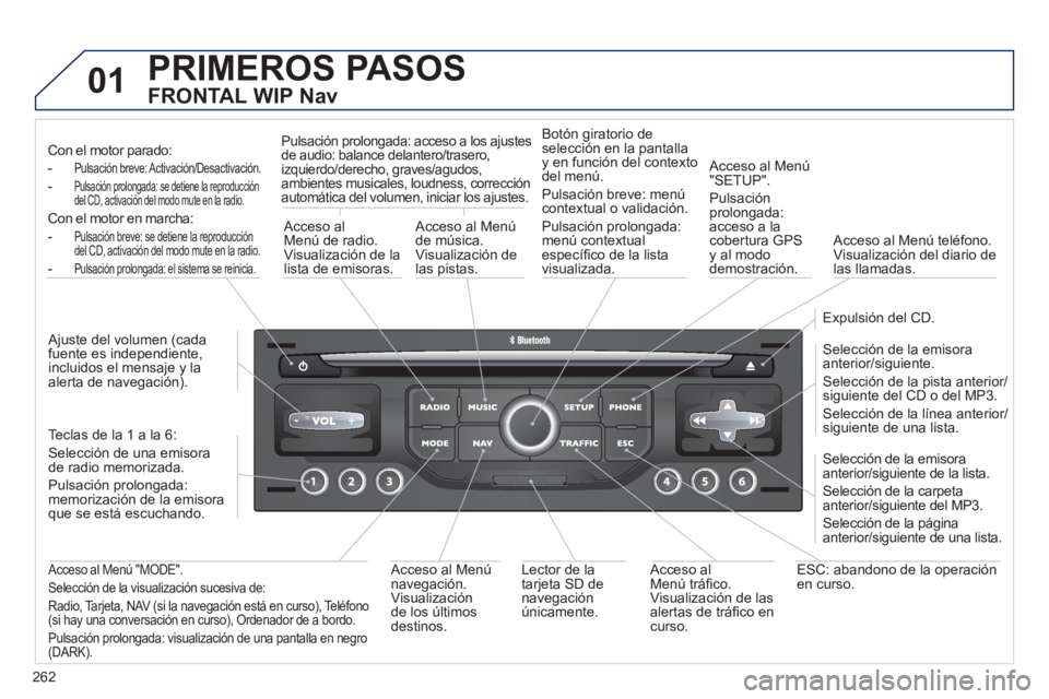 PEUGEOT 3008 2011.5  Manual del propietario (in Spanish) 262
01  PRIMEROS PASOS 
 
 
FRONTAL WIP Nav 
 
 
Con el motor parado:  
- 
Pulsación breve: Activación/Desactivación.  
- Pulsación prolongada: se detiene la reproducción 
del CD, activación del