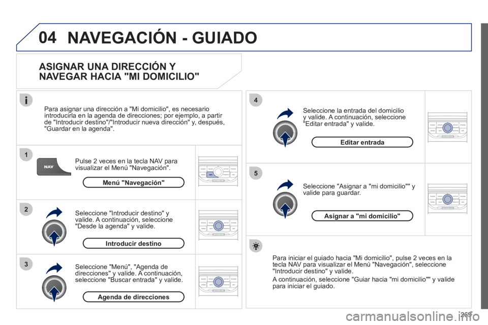 PEUGEOT 3008 2011.5  Manual del propietario (in Spanish) 269
04
1
2
3
5
4
  NAVEGACIÓN - GUIADO 
 
 
ASIGNAR UNA DIRECCIÓN Y 
NAVEGAR HACIA "MI DOMICILIO" 
   
Pulse 2 veces en la tecla NAV para 
visualizar el Menú "Navegación".     
Para asignar una di
