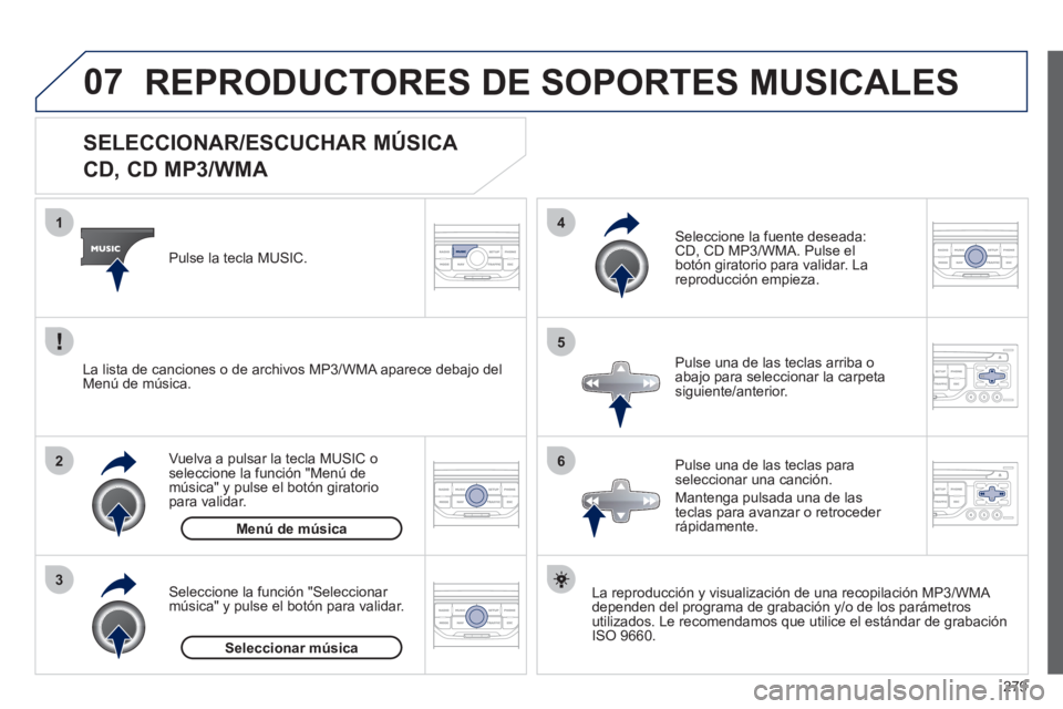 PEUGEOT 3008 2011.5 Manual del propietario (in Spanish) 279
07
3 2 1
6
4
5
SELECCIONAR/ESCUCHAR MÚSICA
CD, CD MP3/WMA
La reproducción y visualización de una recopilación MP3/WMA
dependen del programa de grabación y/o PEUGEOT 3008 2011.5 Manual del propietario (in Spanish) 279
07
3 2 1
6
4
5
SELECCIONAR/ESCUCHAR MÚSICA
CD, CD MP3/WMA
La reproducción y visualización de una recopilación MP3/WMA
dependen del programa de grabación y/o