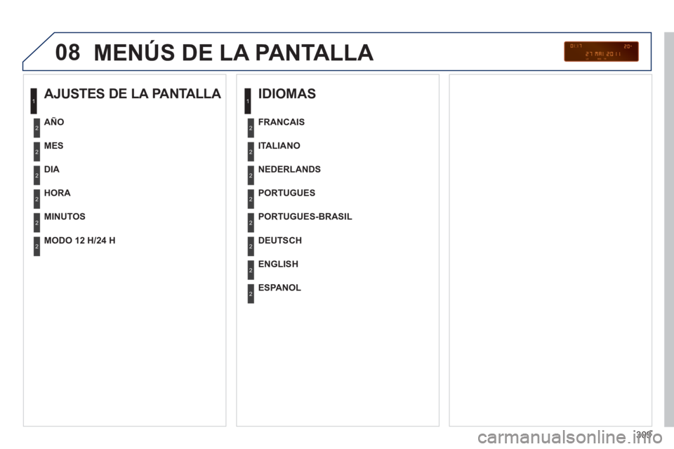 PEUGEOT 3008 2011.5  Manual del propietario (in Spanish) 309
08  MENÚS DE LA PANTALLA 
 
 
AJUSTES DE LA PANTALLA 
 
 
MES  
   
DIA  
   
HORA  
   
MINUTOS      
AÑO  
   
MODO 12 H/24 H  
 
 
 
IDIOMAS 
 
 
ITALIANO  
   
NEDERLANDS  
   
PORTUGUES  
 