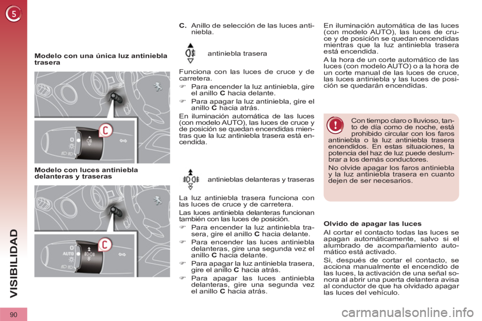 PEUGEOT 3008 2011.5  Manual del propietario (in Spanish) 90
VISIBILIDAD
   
 
Modelo con una única luz antiniebla 
trasera   antiniebla trasera 
  Funciona con las luces de cruce y de 
carretera. 
   
 
�) 
  Para encender la luz antiniebla, gire 
el anill