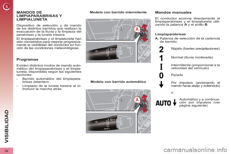 PEUGEOT 3008 2011.5  Manual del propietario (in Spanish) 94
VISIBILIDAD
   
 
 
 
 
 
 
 
MANDOS DE 
LIMPIAPARABRISAS Y 
LIMPIALUNETA 
  Dispositivo de selección y de mando 
de los distintos barridos que realizan la 
evacuación de la lluvia y la limpieza 