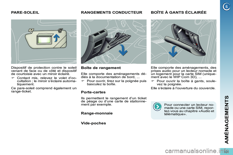 PEUGEOT 3008 2011.5  Manuel du propriétaire (in French) 101
AMÉNAGEMENTS
RANGEMENTS CONDUCTEUR
   
Boîte de rangement 
 
Elle comporte des aménagements dé-
diés à la documentation de bord, ... 
   
 
�) 
  Pour ouvrir, tirez sur la poignée puis 
bas